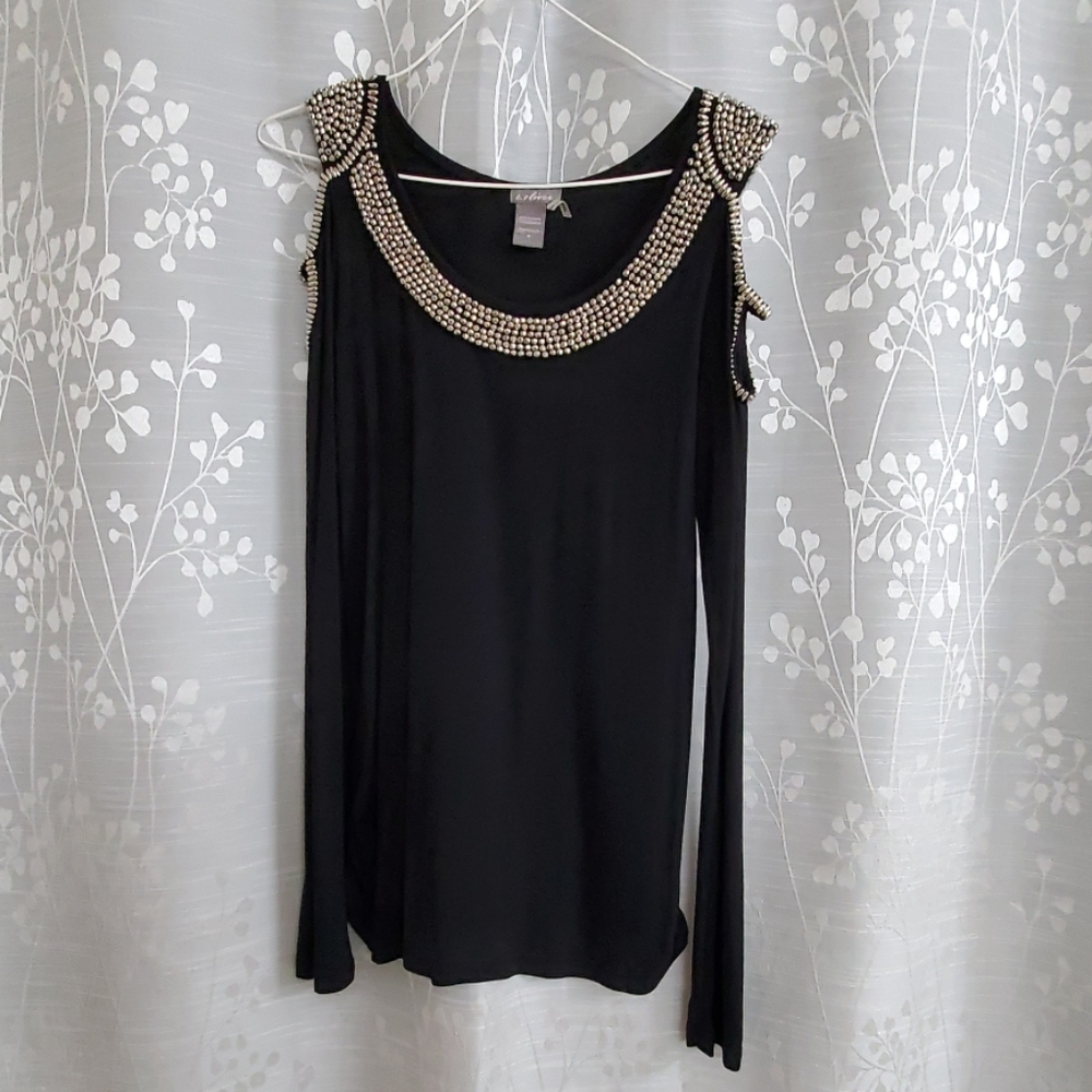 Beaded cold- shoulder top